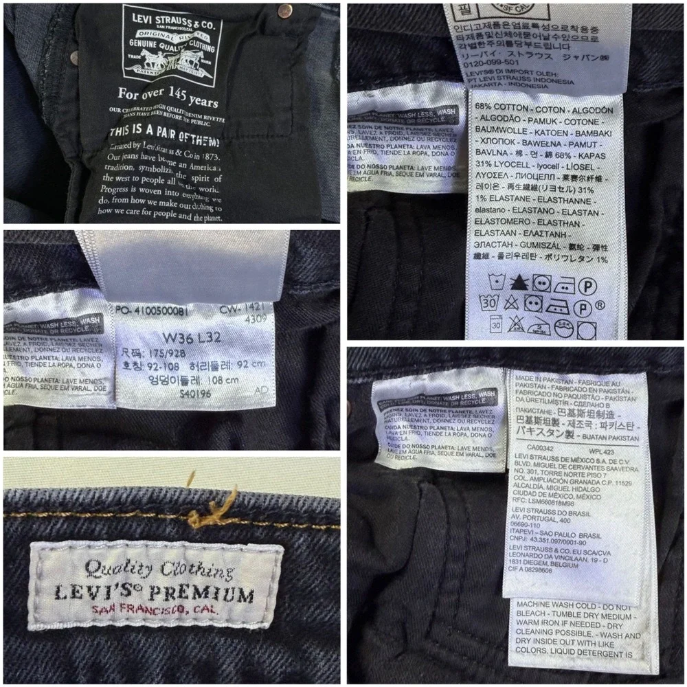 Levi's 514 Slim Straight Jeans Mens 36x31 Washed‎ Black Charcoal Stretch Denim
